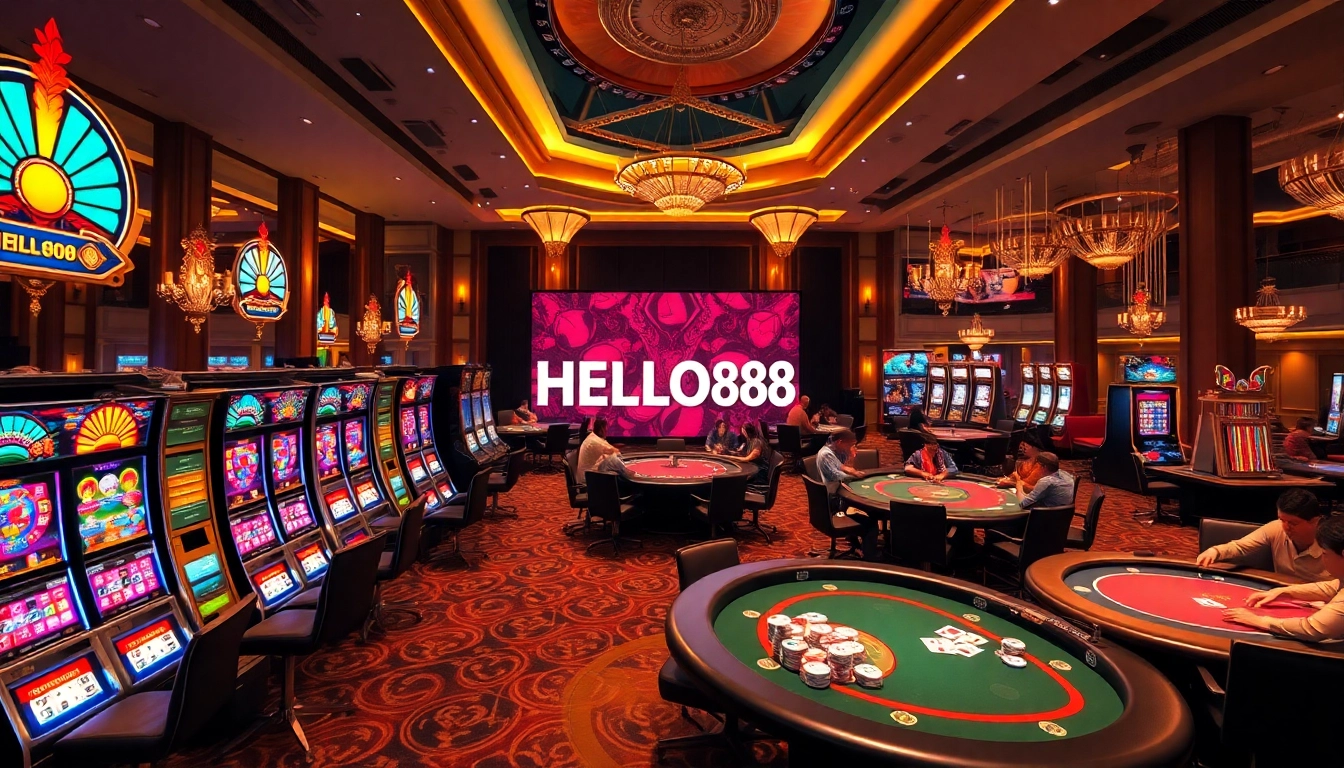 Discover the thrill of gambling with HELLO88 on a vibrant casino floor featuring slot machines and poker tables.