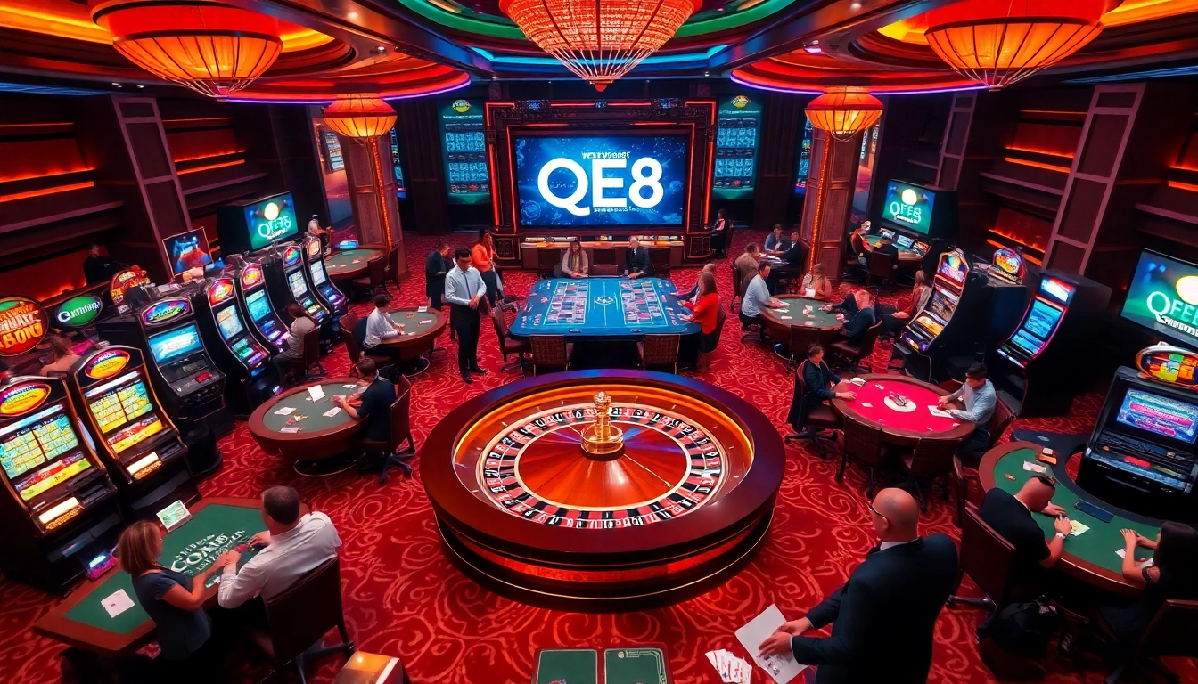 Exciting casino scene featuring QE8 branding with dynamic games, roulette, and players engaging intensely.
