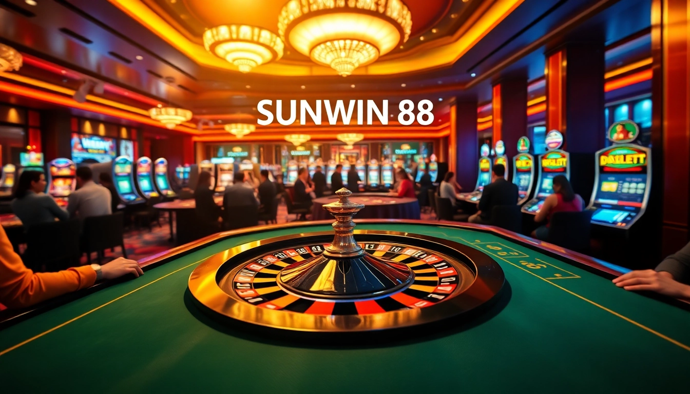 Join the excitement of SUNWIN 88 at a bustling casino table filled with poker chips and players ready to win!